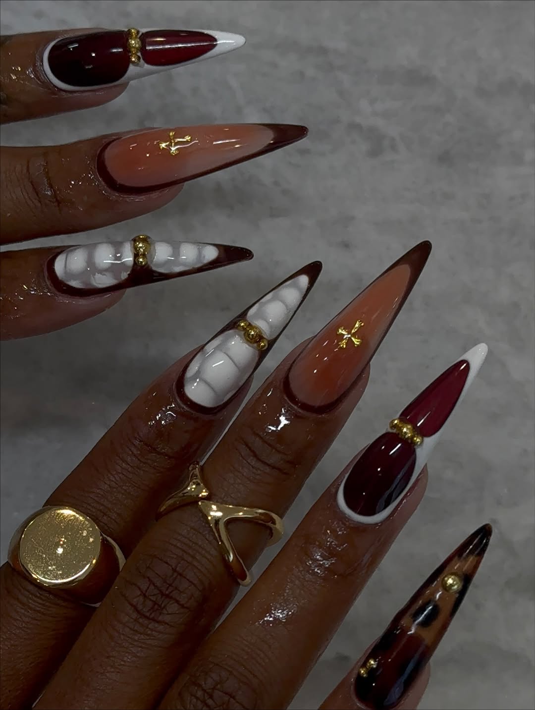 Gothic Brown and White Press On Nails with Gold Cross and Tortoiseshell Accents