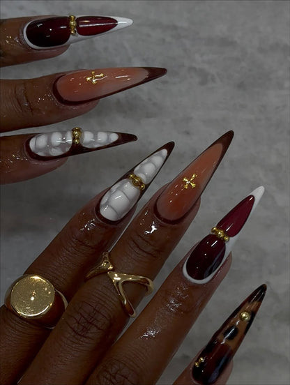 Gothic Brown and White Press On Nails with Gold Cross and Tortoiseshell Accents