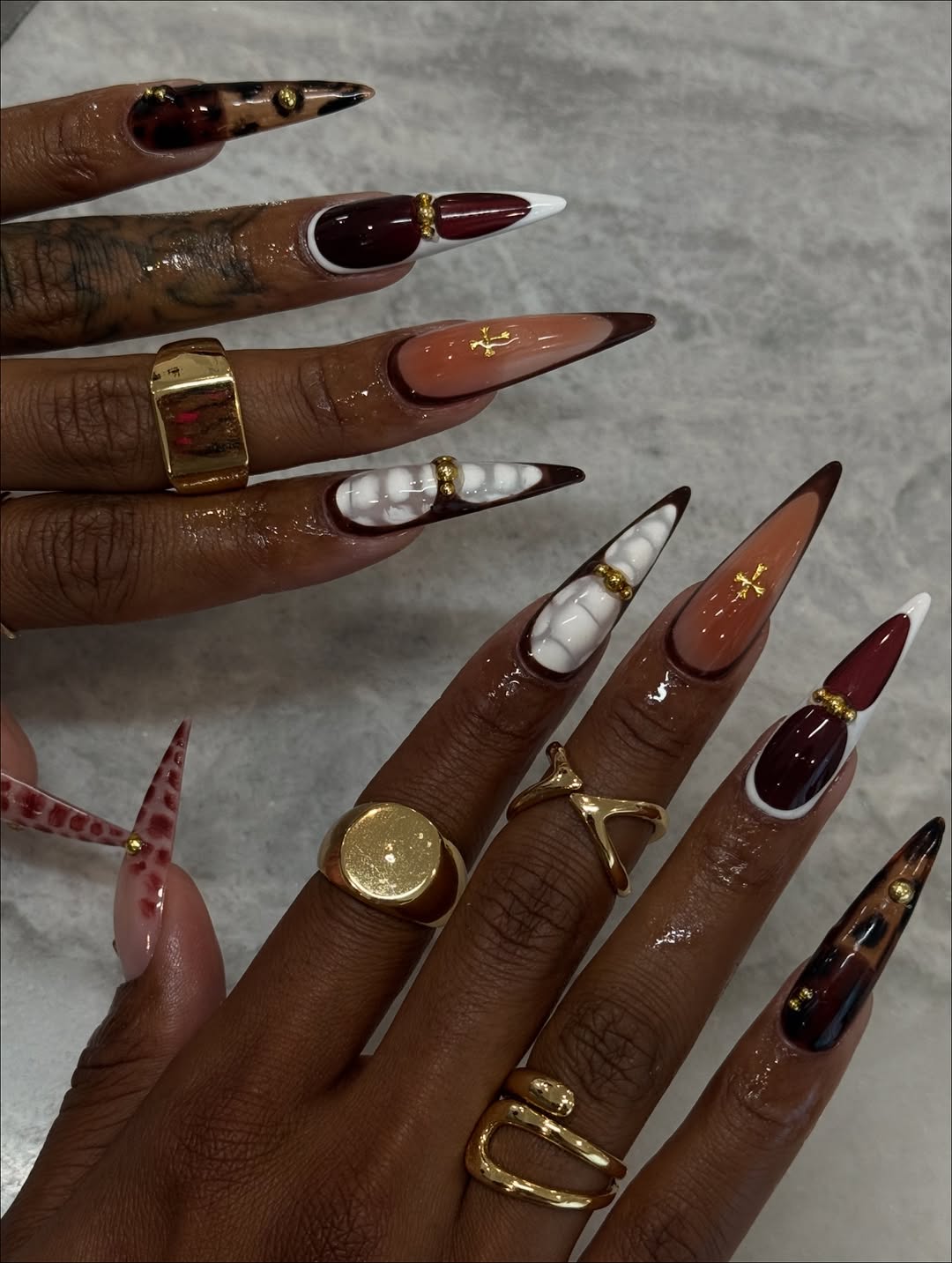 Gothic Brown and White Press On Nails with Gold Cross and Tortoiseshell Accents
