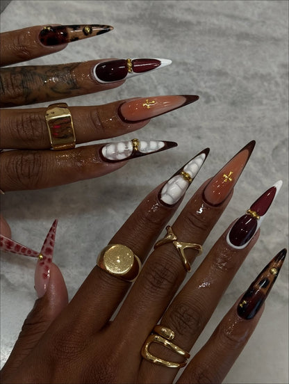Gothic Brown and White Press On Nails with Gold Cross and Tortoiseshell Accents
