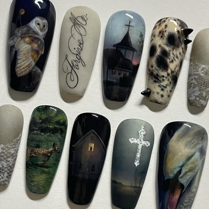 Dark Gothic Owl Church Cross Haunted Handmade Nails