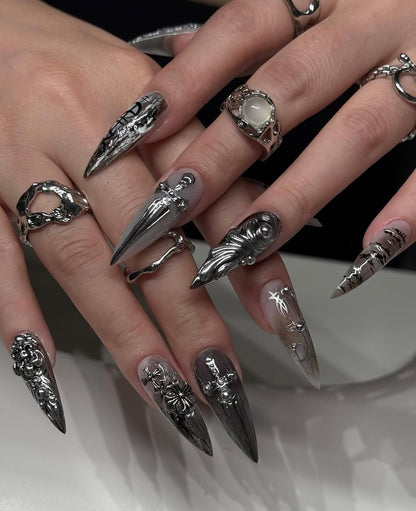 Gothic Silver Stiletto Nails with Cross and Metallic Sculpted Art