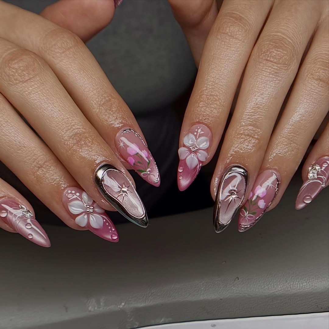 Pink Chrome Floral Stiletto Nails with 3D Blossoms and Crystal Accents