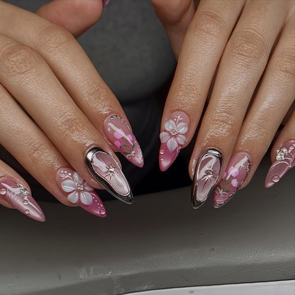 Pink Chrome Floral Stiletto Nails with 3D Blossoms and Crystal Accents