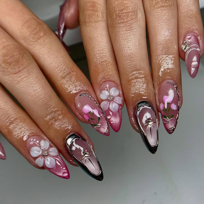 Pink Chrome Floral Stiletto Nails with 3D Blossoms and Crystal Accents