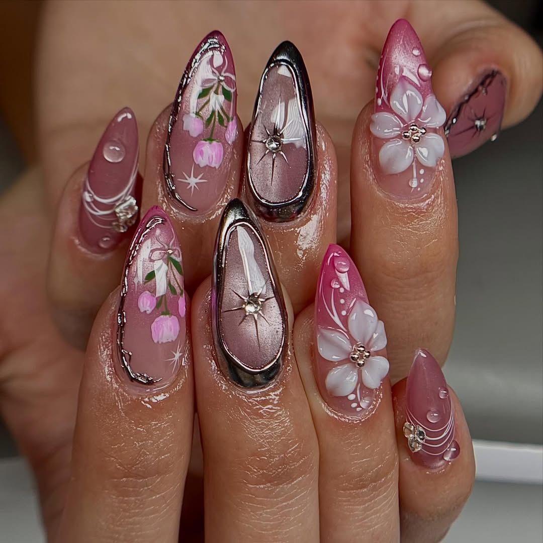 Pink Chrome Floral Stiletto Nails with 3D Blossoms and Crystal Accents