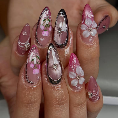 Pink Chrome Floral Stiletto Nails with 3D Blossoms and Crystal Accents