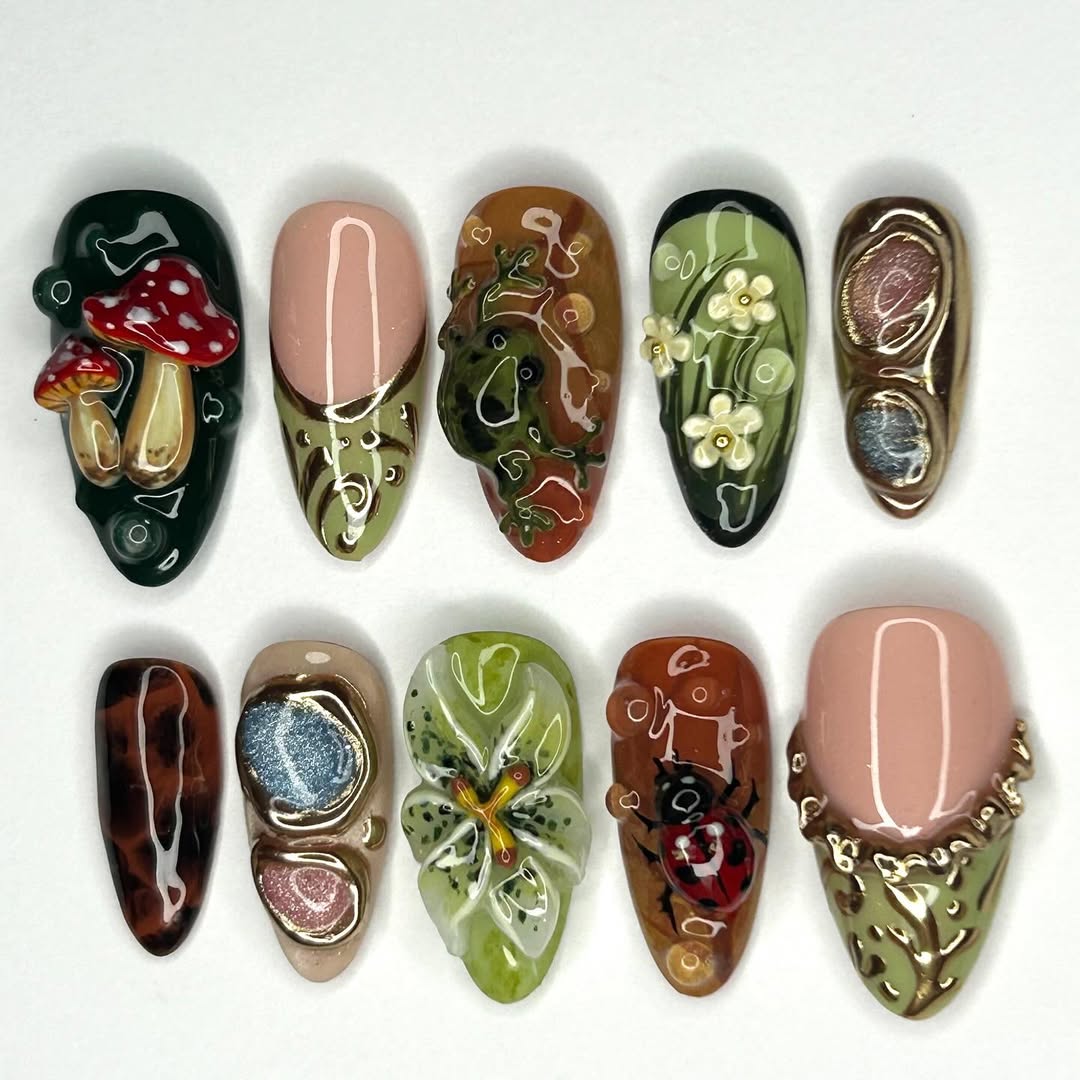 Forest Garden Press On Nails with Mushroom, Butterfly, and Floral Accents