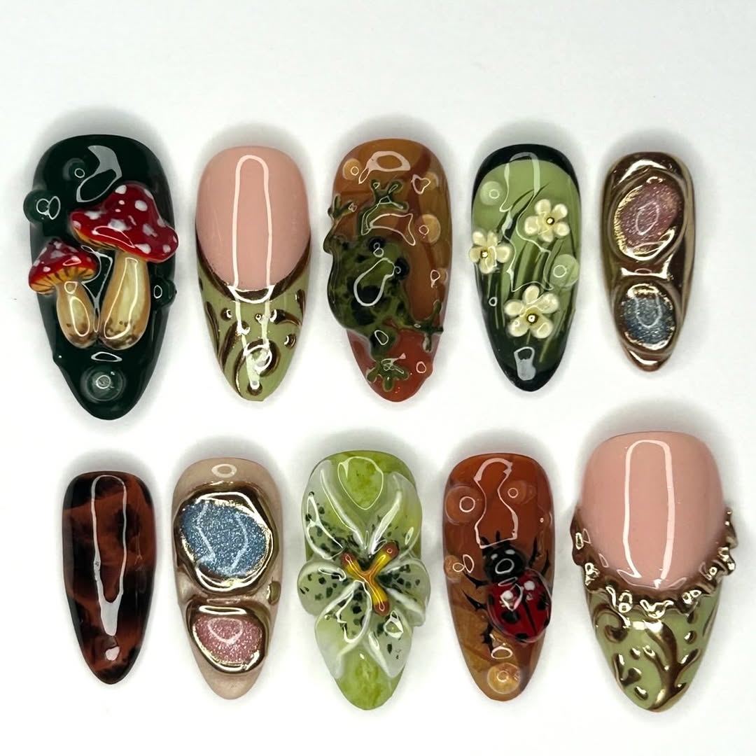 Forest Garden Press On Nails with Mushroom, Butterfly, and Floral Accents