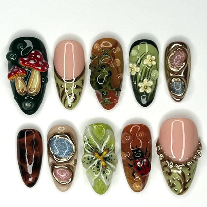 Forest Garden Press On Nails with Mushroom, Butterfly, and Floral Accents