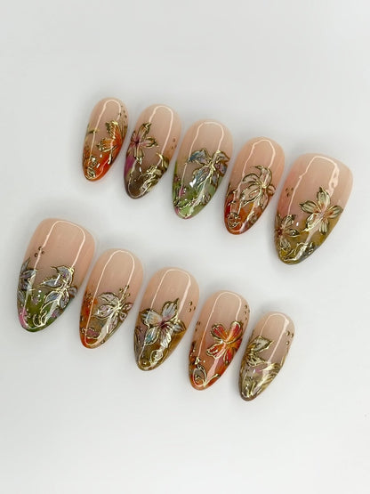 Gold Floral Outline Nails with Watercolor Petals Handmade Elegant Design