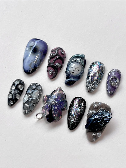Celestial Ocean Press On Nails Moon Goddess Shell Fantasy Art Design