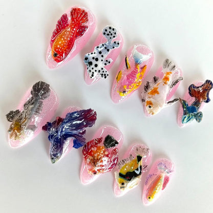 3D Koi Fish Press On Nails Pink Jelly Japanese Art Set
