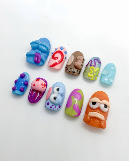 Color Pop 3D Abstract Press On Nails with Cartoon and Bubble Texture Details
