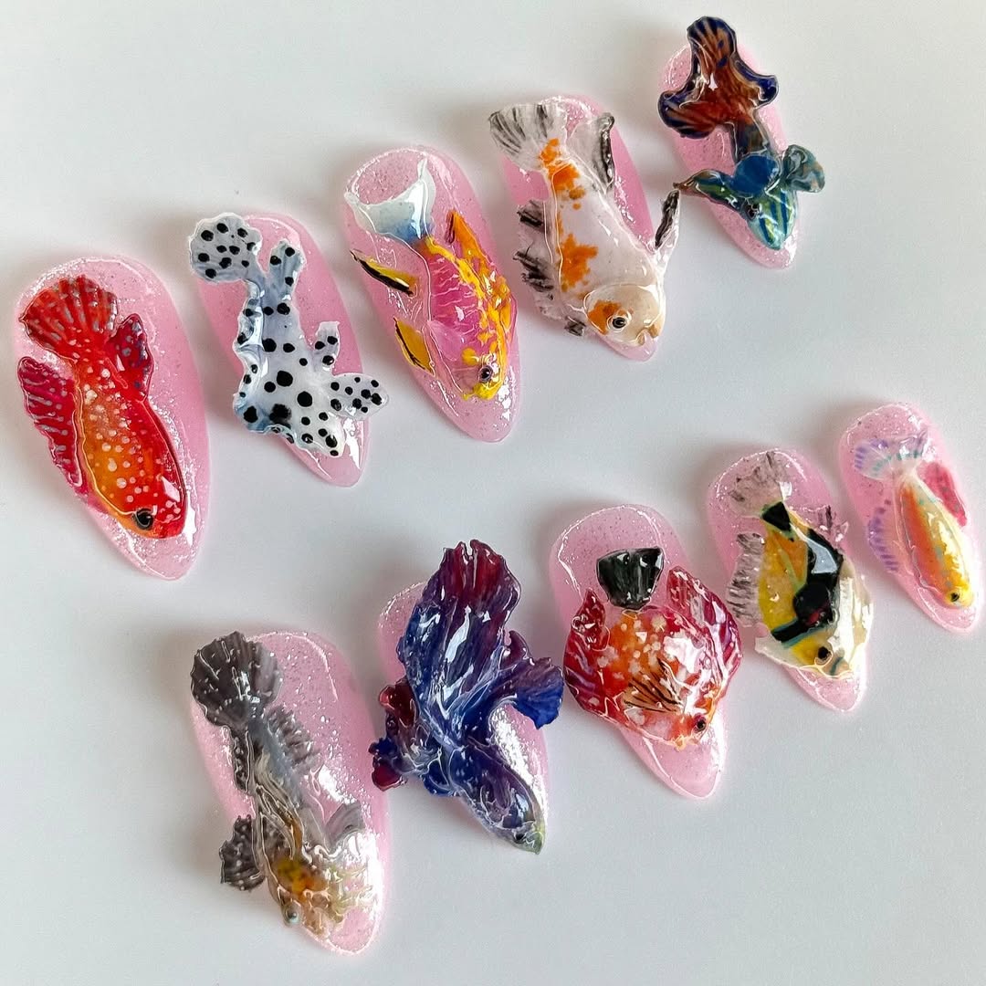 3D Koi Fish Press On Nails Pink Jelly Japanese Art Set