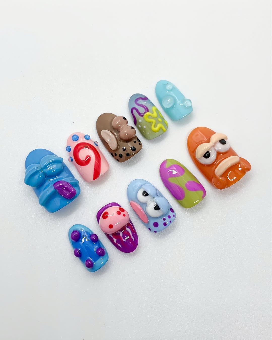 Color Pop 3D Abstract Press On Nails with Cartoon and Bubble Texture Details