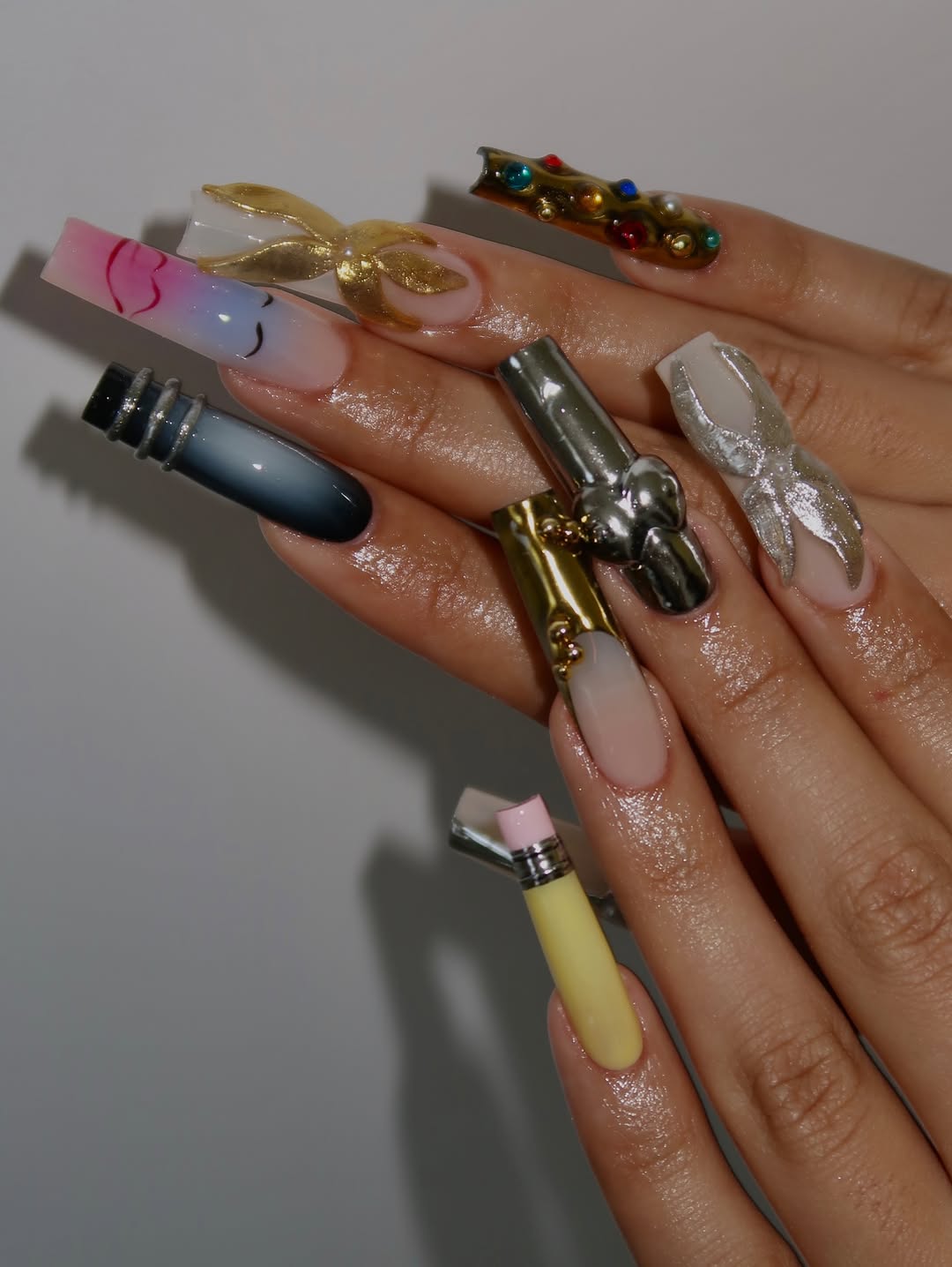 Luxury Chrome Bow and Metallic Gradient Press On Nails Set