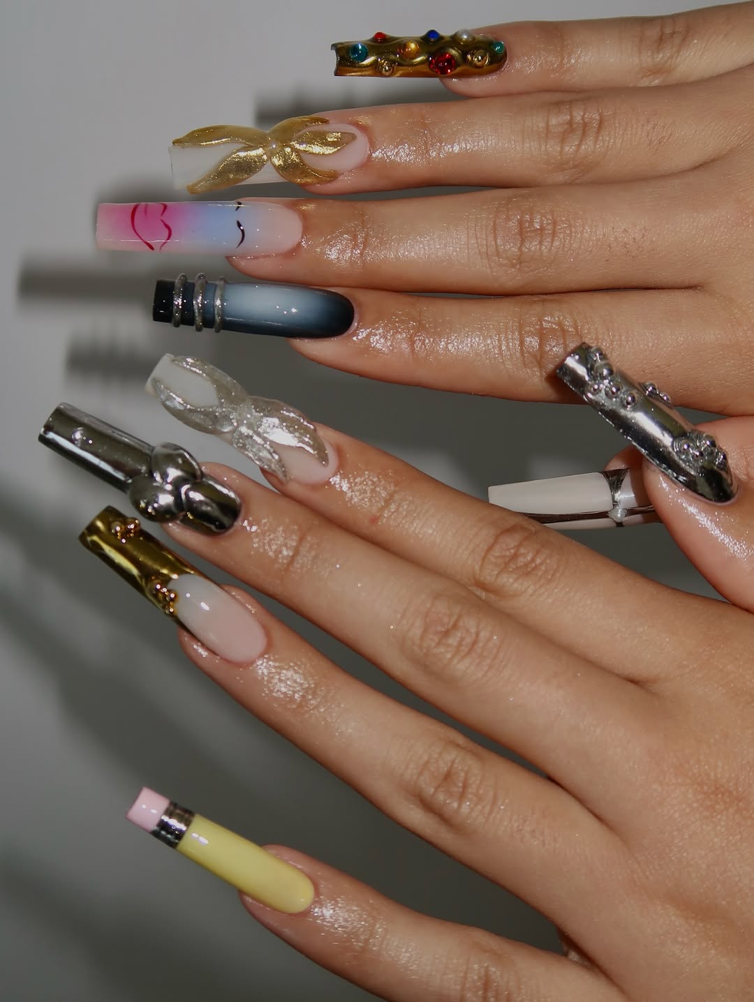 Luxury Chrome Bow and Metallic Gradient Press On Nails Set