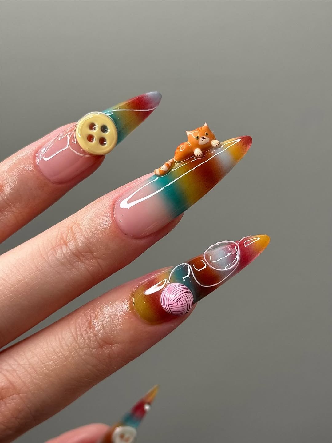 Cat and Button Rainbow Gradient Press On Nails with 3D Yarn Details