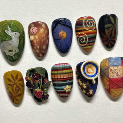Autumn Rabbit and Berry Patchwork Nails with Moonlight and Cozy Quilt Art Design