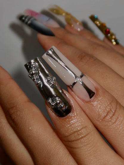 Luxury Chrome Bow and Metallic Gradient Press On Nails Set