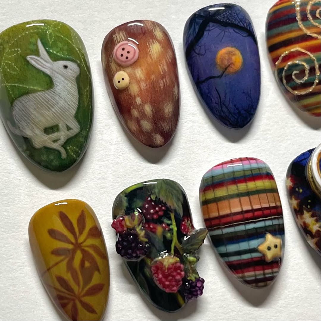 Autumn Rabbit and Berry Patchwork Nails with Moonlight and Cozy Quilt Art Design