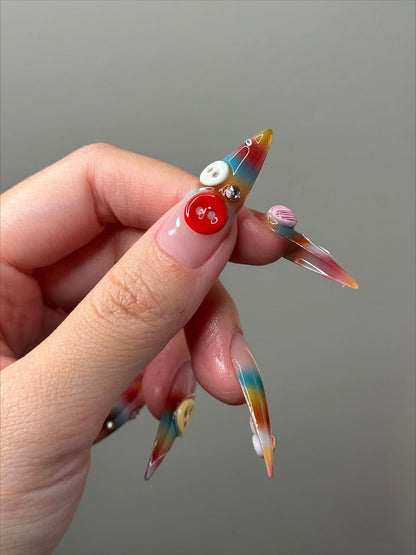 Cat and Button Rainbow Gradient Press On Nails with 3D Yarn Details