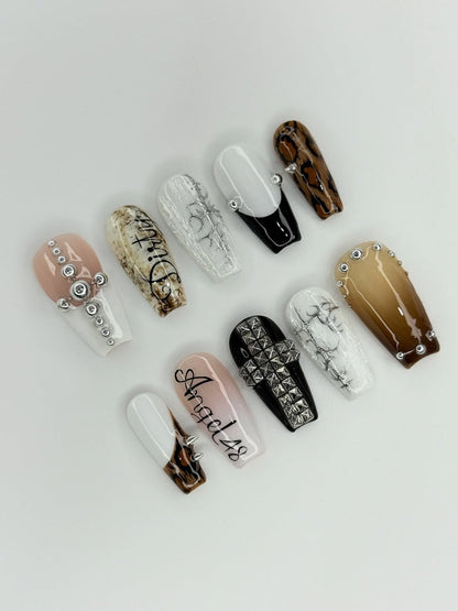 Gothic Grunge Handmade Press On Nails with Cross Stud and Leopard Accents