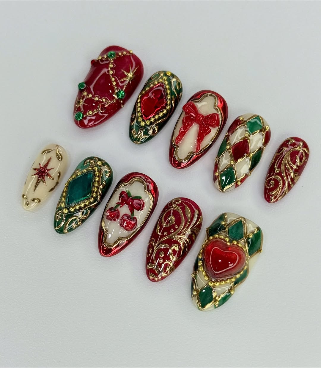 Elegant Christmas Press On Nails with Red Bow and Heart Art