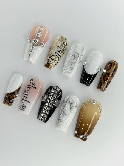 Gothic Grunge Handmade Press On Nails with Cross Stud and Leopard Accents