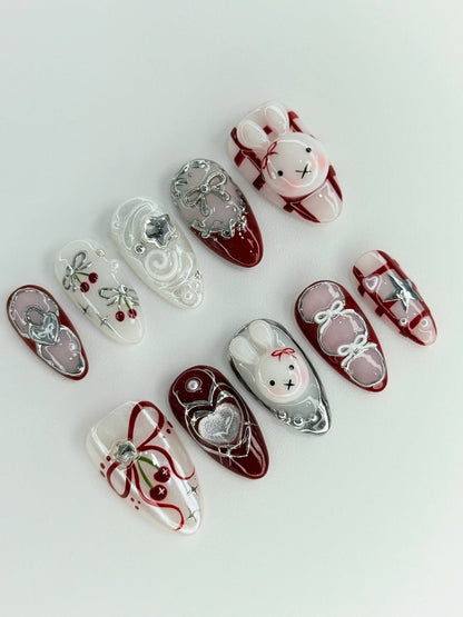 Red Bunny Heart Press On Nails Handmade Cute Gift Set
