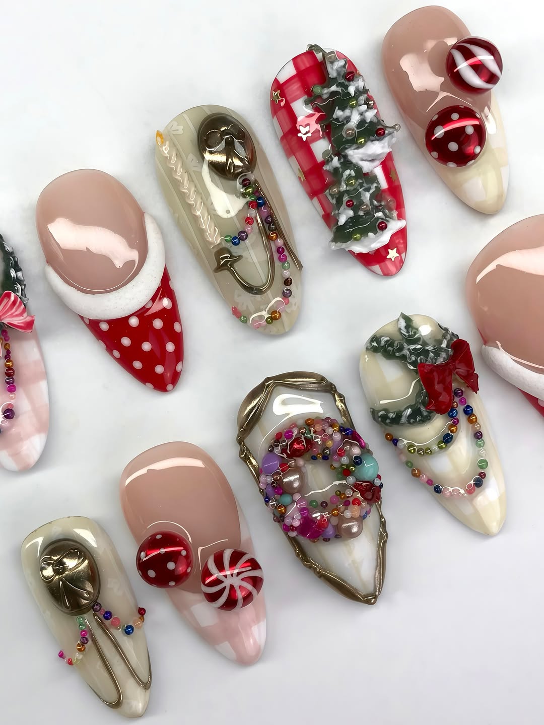 Christmas Plaid Press On Nails with 3D Wreath, Bow, and Candy Details
