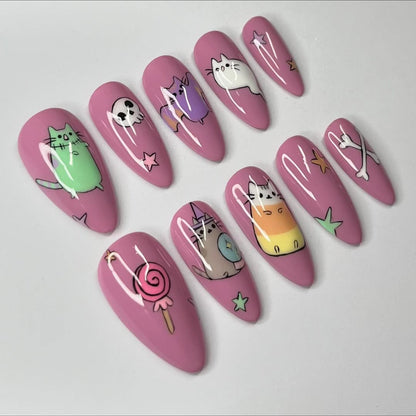 Cute Cat Press On Nails with Candy and Halloween Art Design