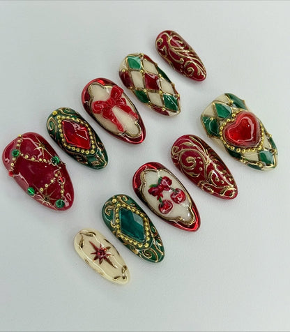 Elegant Christmas Press On Nails with Red Bow and Heart Art