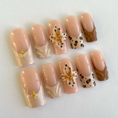Nude Brown Leopard Press On Nails with 3D Floral Accent Art