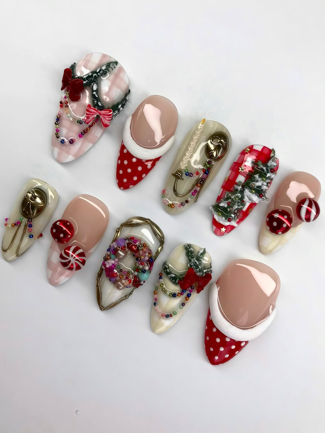 Christmas Plaid Press On Nails with 3D Wreath, Bow, and Candy Details
