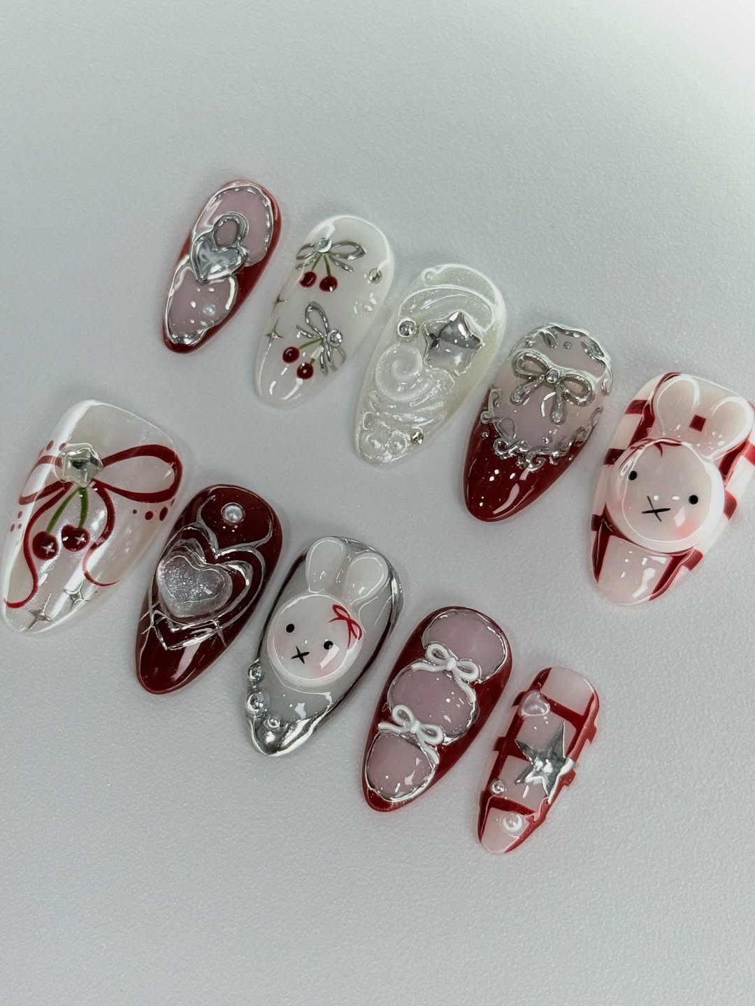 Red Bunny Heart Press On Nails Handmade Cute Gift Set