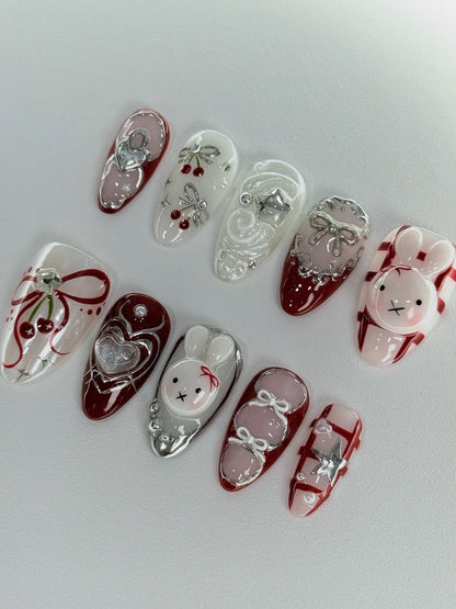 Red Bunny Heart Press On Nails Handmade Cute Gift Set