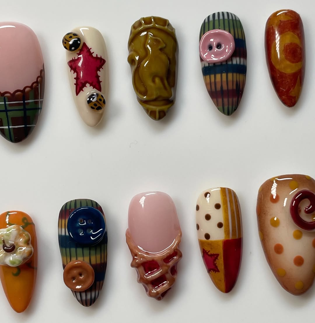 Autumn Patchwork Press On Nails with Button and Plaid Art Design
