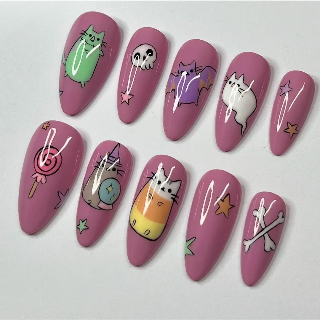 Cute Cat Press On Nails with Candy and Halloween Art Design