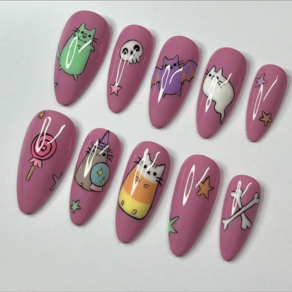 Cute Cat Press On Nails with Candy and Halloween Art Design
