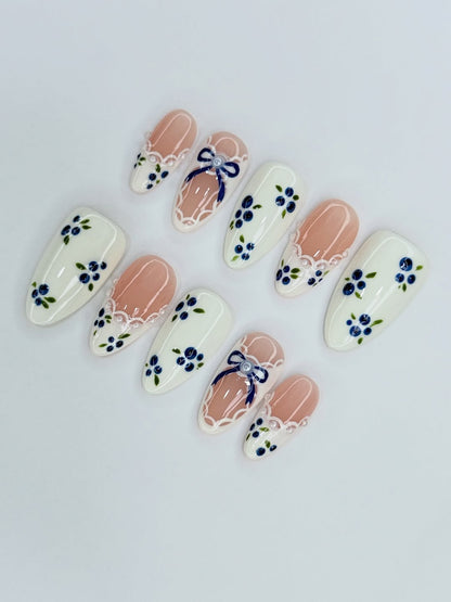 Blue Floral French Press On Nails with Pearl Bow Details