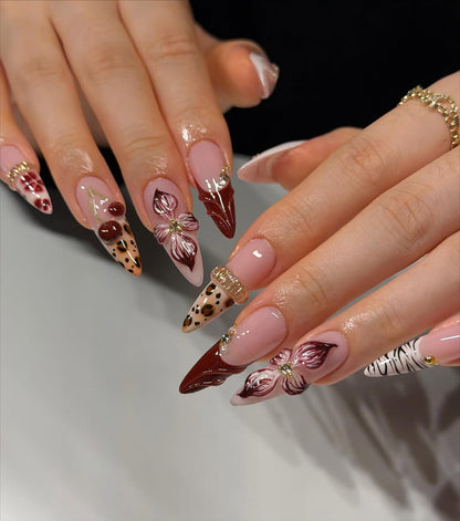 Cherry Blossom Leopard Press On Nails with Burgundy and Gold Accents