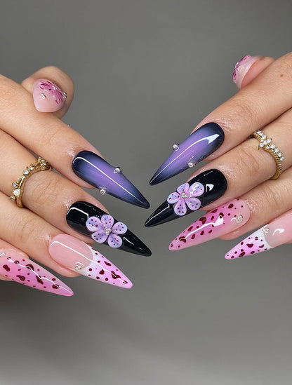 Purple Ombre Floral Press On Nails with Pink Heart Details