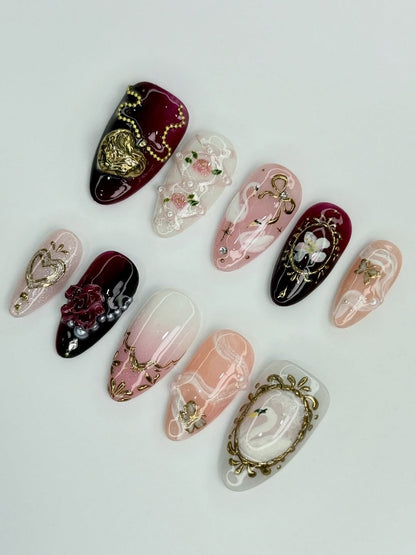 Romantic Swan and Rose Press On Nails with Gold Frame and 3D Bow Details
