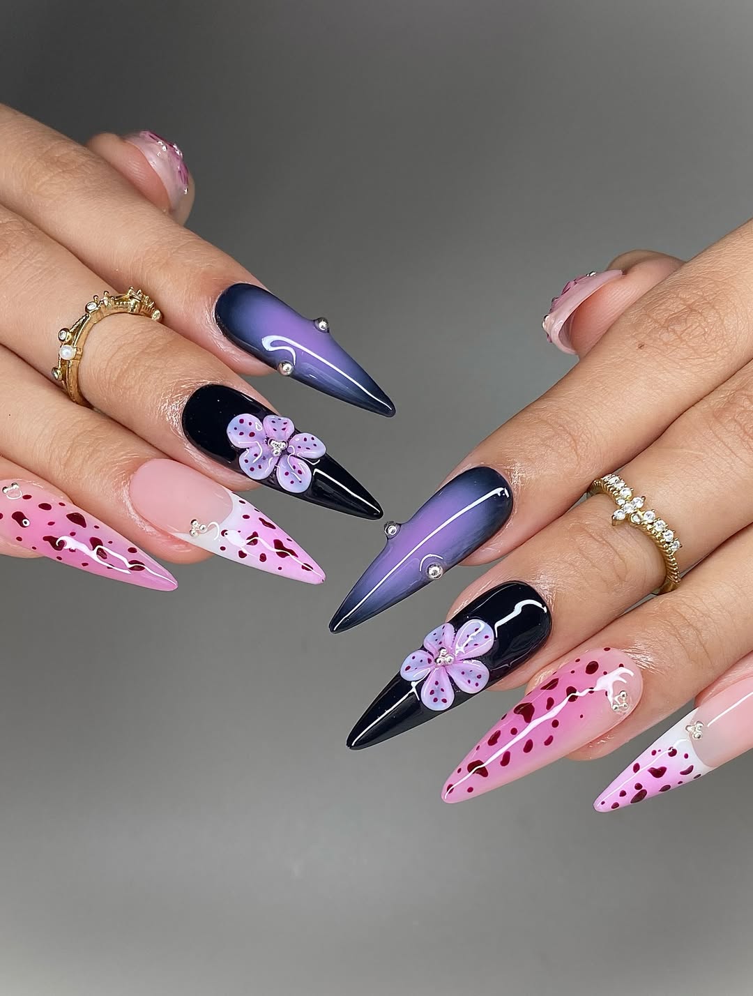Purple Ombre Floral Press On Nails with Pink Heart Details