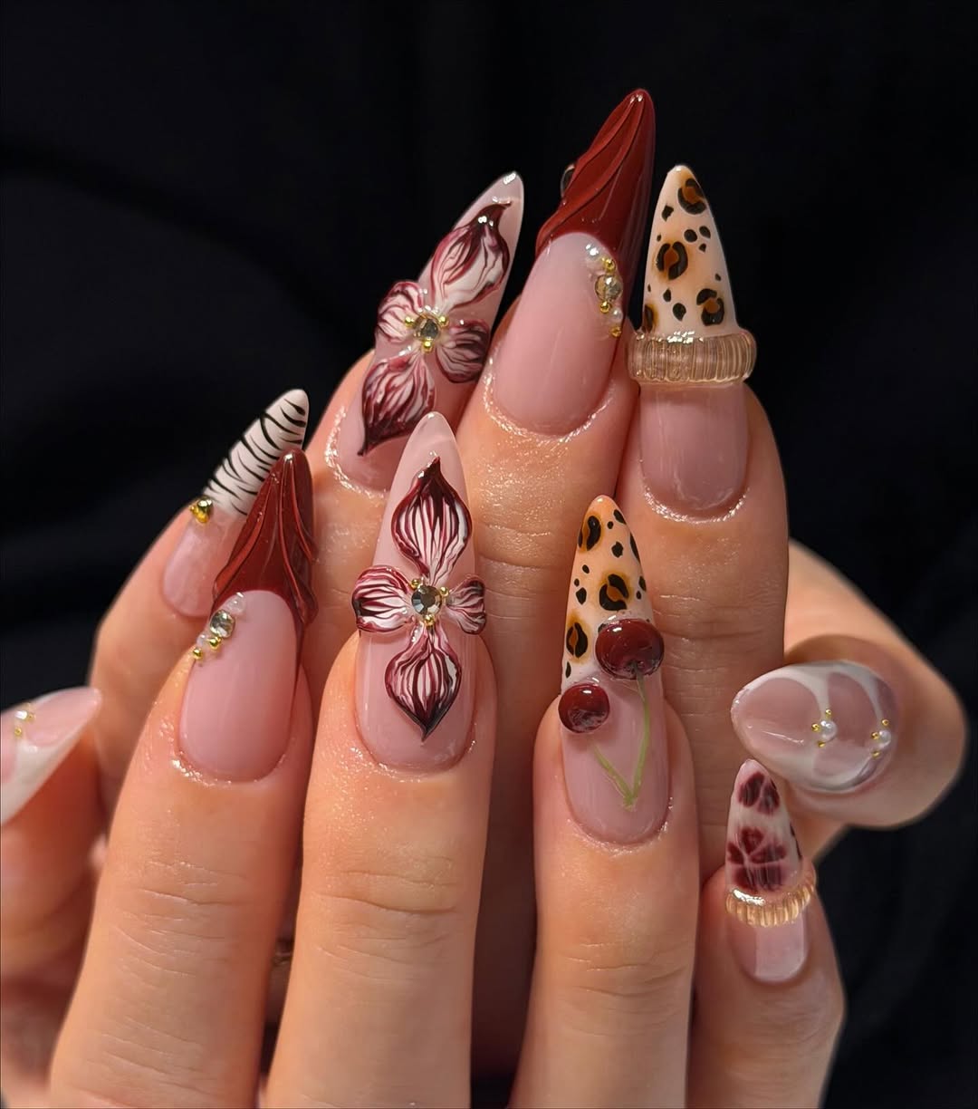 Cherry Blossom Leopard Press On Nails with Burgundy and Gold Accents