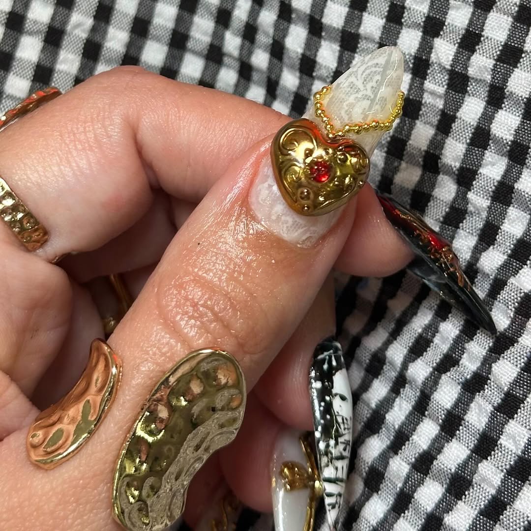 Gold Heart Gothic Cross Press On Nails with Red Accent Art