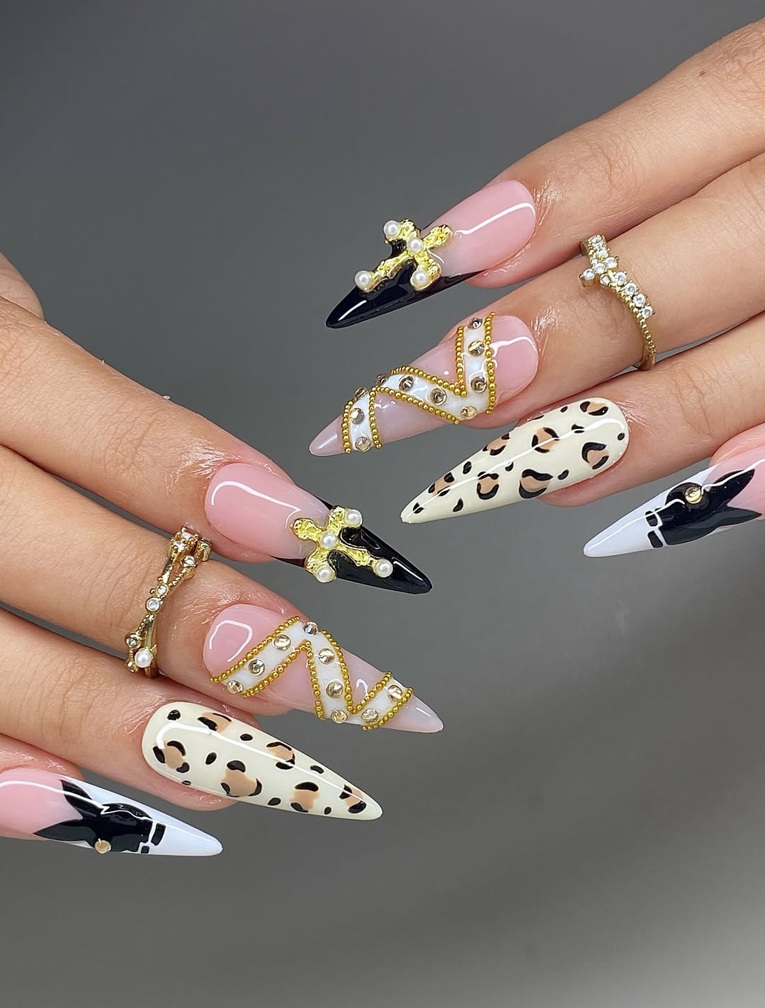 Leopard Pearl Cross Press On Nails with Gold Chain Accents
