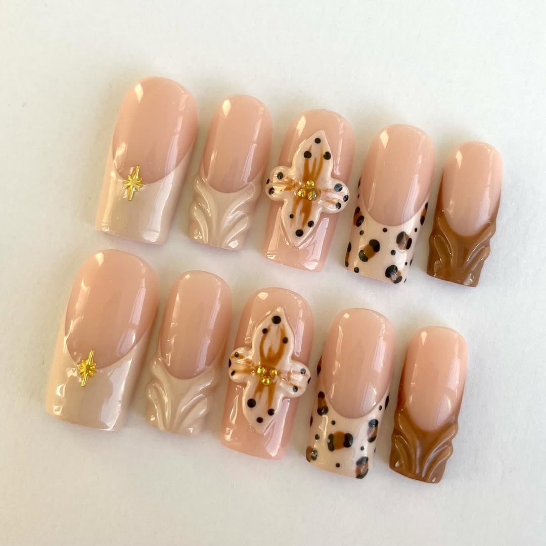 Nude Brown Leopard Press On Nails with 3D Floral Accent Art